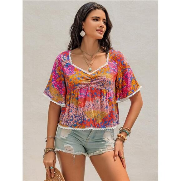 Tops - Ruched Printed Half Sleeve Blouse